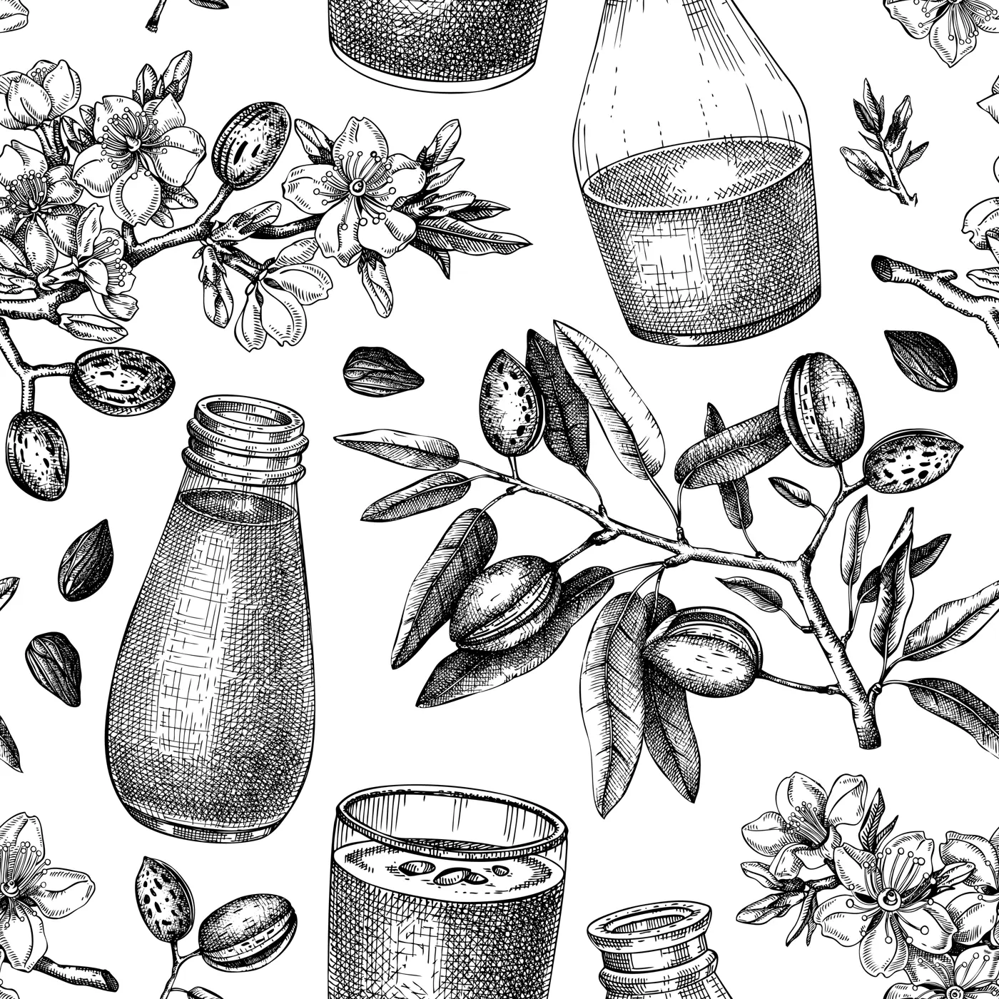 Almond milk pattern. Dairy products seamless endless background design. Repeating print with plant milk, almond nut, blooming branches. Nut milk vector sketches for fabric, textile, packaging Illustration